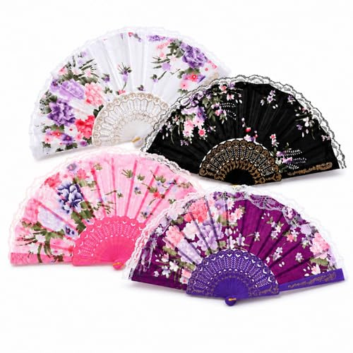 4Pcs Hand Fan Folding, Handheld Folding Fan, Pink Purple White Blackfolding Hand Fans, Chinese Foldable Handheld Fans, Manual Fan, for Women Dancing Wedding Festival Party Gift Performance Home Decor