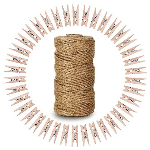 328 Feet Natural Jute Twine with 100 Pcs Mini Natural Wooden Clothespins Photo Pegs Craft Pictures Clips