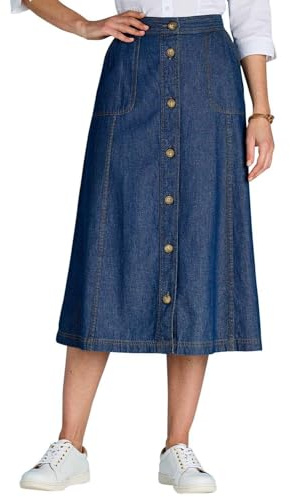 Chums Ladies 100% Denim Button Through Skirt Elasticated Back Waist Panelled Design with Pockets Lengths 27 Petite, 29 Regular
