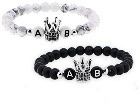2x Personalisierte Pärchen Namensarmbänder | Partnerarmband couple Edelsteine Onyx, Howlite Cherry quartz 6mm | Perlenarmband | individueller Buchstaben Armband A-Z Freundschaftsarmband WBLVAR11