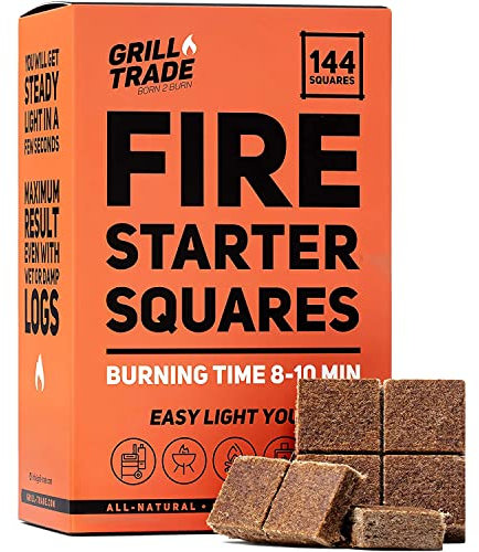 Grillanzünder Feueranzünder 144 STK., für BBQ-Grill, Camping Feuer, Holzofen, Pellets, Kamin - das Beste Grill Zubehör - 100% Natürlich