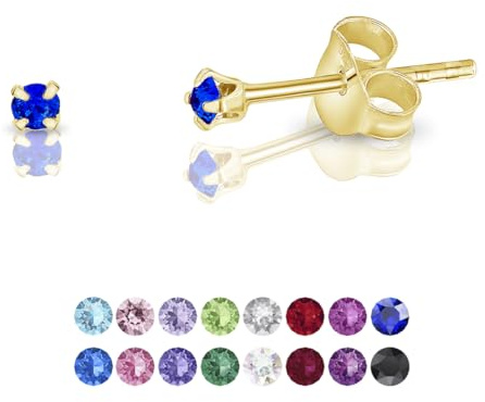 Pendientes de Botón Plata Ley 925 Chapados Oro 24K on Cristales Brillantes Azul 2 mm - Pendientes Pequeños Oro para Mujer - Punto de Luz Hipoalergénicos