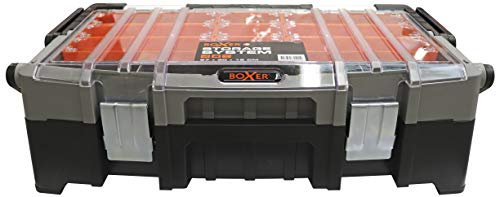 Boxer® Caja de Herramientas Cantilever 22” – 57x30,5x16,5 cm – 15 Compartimentos Extraíbles en la Tapa – Cierres Metálicos – Negro/Naranja/Transparente