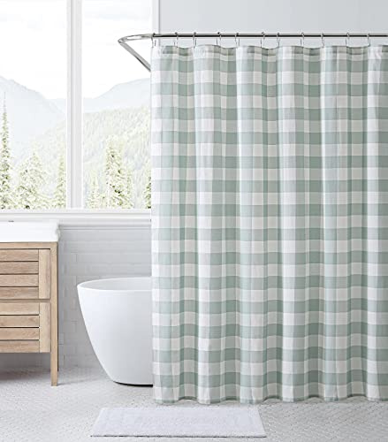 Eddie Bauer - Cortina de Ducha, decoración de baño de algodón Ligero, Parte Superior con Ojales (cabaña Verde a Cuadros, 72 x 72 Pulgadas)