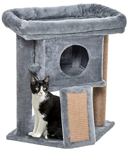 PawHut Kratzbaum 57 cm Kleiner Katzenturm mit Höhle für Katzen Hellgrau | Spielball, Große Plattform, Katzenkratzbaum, Kletterbaum, Bis 5 kg