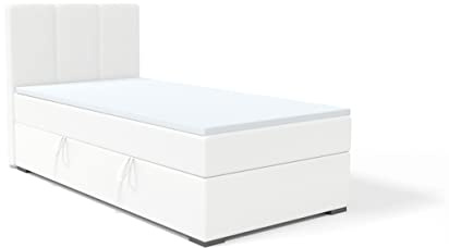 FEDVE Boxspringbett 90x200 Weiß Öko-Leder – Gandia Mini – Praktisches Bett mit Bettkasten Links – Gemütlich Kopfteil Bett mit Matratze – Einzelbett zum Schlafzimmer