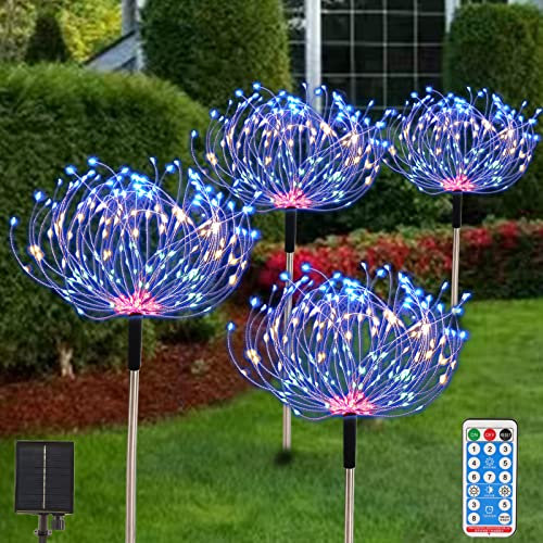 Solar Gartenleuchten für den Außenbereich 4er-Pack 480 LED Feuerwerk Landschaftspfad Solarbetriebene Starburst-Lichterkette wasserdicht 8 modi mit Fernbedienung für Weihnachtsfeier (Mehrfarbig)