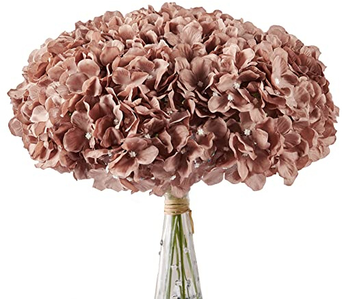 AVIVIHO Bouquet di ortensie artificiali, in seta, con steli, composizione di fiori finti perfetti per matrimoni, centrotavola, feste, casa, festival (10, marrone, L)