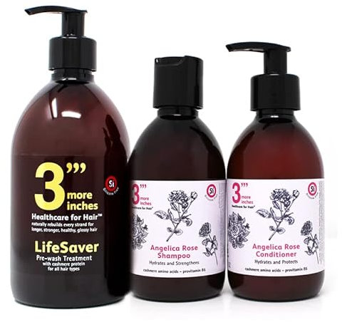 3'''More Inches Angelica Rose Essential Set - Pre-Wash Treatment, Shampoo and Conditioner - For Fresh and Vibrant Hair - Combats Colour Fade - Sulphate and Silicone Free