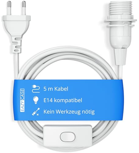 EAZY CASE E14 Lampenfassung mit 5 m Kabel, Schalter, Schraubring für Lampenschirm und Netzstecker - ideale Lampenaufhängung für Hängeleuchten, Pendelleuchten, DIY Lampe, Weiß