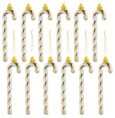 Zuckerstangen Weihnachtsbaum, 12 Stück Zuckerstange Deko, Weihnachtsdeko Zuckerstangen Anhänger zum Weihnachtsbaum mit Kordel,Glitzernd Golden,13 cm