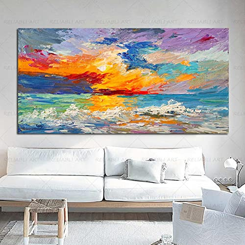 Malerei auf Leinwand, bunte abstrakte Kunst, Wolken, Meer, Sonnenuntergang, Malerei, Wandkunst, Bilder für Wohnzimmer, Poster und Drucke, 50 x 100 cm (20 x 39 Zoll) mit Rahmen