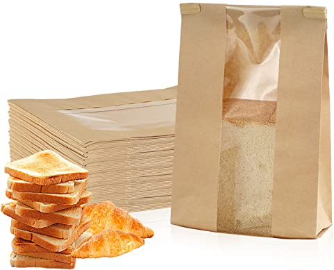 Papiertüten Braun 50Stk Braune Papiertüten mit Fenster Butterbrottüten | 12x5x23cm | 50 Stück Braune Kraftpapiertüten mit Fenster | Ideal als Geschenktüten für Sandwich, Kekse & Gastgeschenke