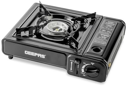 Geepas Gas Stove Single Burner – Portable Camping Stove BBQ Cooker with Carry Case, Outdoor Grill Plate – Automatic Ignition System, Enamel Pan Support, Butane Can or LPG Gas Source