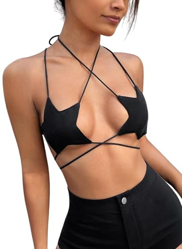 Rave Star Top Für Damen - Festival Outfit Sexy Spaghettiträger Rücken Verkreuzt Sport BH Taillenketten Nightclub Body Chain Frauen Weste Verschiedene Tragemethoden Crop Tops(Black,S,1078r)