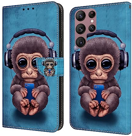BLOTECH for Samsung Galaxy S22 Ultra Case 3D PU Leather Flip Wallet Cover Glitter Leather Shockproof Wallet Handset Shell Cellphone Skin Pouch Cover for Samsung Galaxy S22 Ultra,Cute little monkey