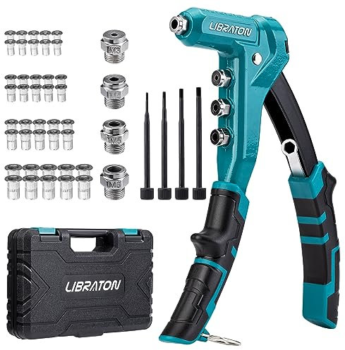 Libraton Dado Rivettatrice Professionale da 9,5, Pistola per Rivetti Inserti Filettati, Pinza Manuale a Rivetti Dadi, con 40pz Dadi M3, M4, M5, M6, Mandrini Intercambiabili 4pz, per Inserti Filettati