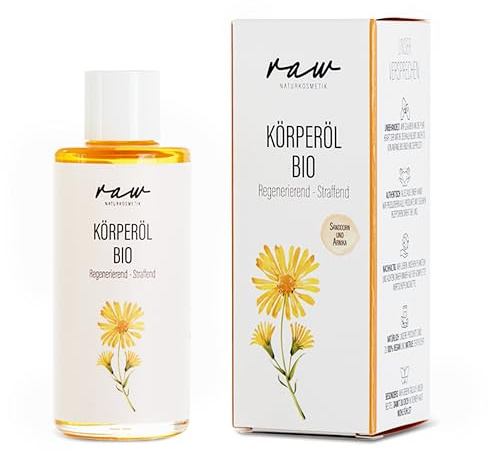 raw Kosmetik, Körperöl BIO Sanddorn und Mandelöl, mit Bio Arnika, mit kaltgepressten Bio Ölen, 100ml, ideal bei trockener, sensibler Haut die stark beansprucht wird