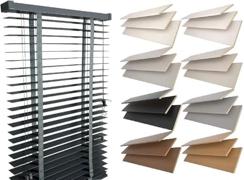 Venetian Faux Wood Blind wooden Venetian Blinds With Tape 50mm Slats TRIMMABLE Fauxwood Grey with Contrast Tape (150W x 150L cm)