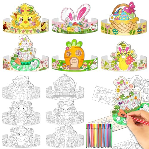 DPKOW 24 Stück Osterhüte Bemalen zum Ostern Basteln Kinder, DIY Osterparty Papierhüte Bastelset Ostern Kinder Osterei Hasen Küken Hüte Ostergeschenke Kinder Osterbasteln Ostern Party Supplies