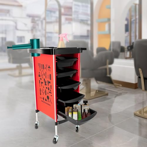 DSYOGX Carro de Peluquería Multifuncional Con 5 Cajones y Ruedas - Estable y Duradero Para Salones de Belleza (Rojo)