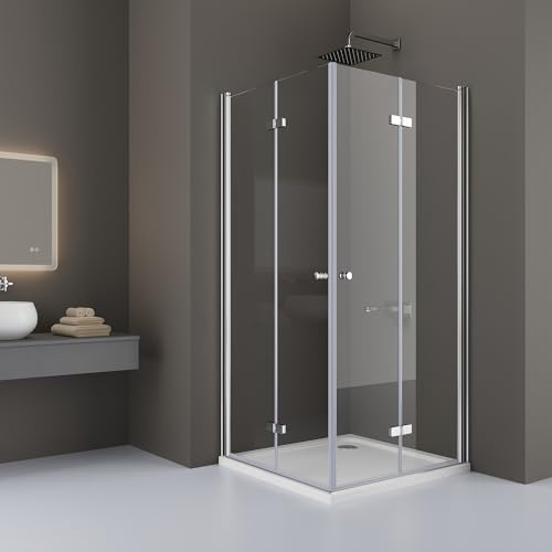 DOOLEEWEE Duschkabine Eckeinstieg 90x120cm Höhe 185cm Doppel Falttüren Duschtüren 180° Dusche Falttür Duschwand Duschabtrennung aus 6mm Gehärtetes Glas, Ohne Duschwanne