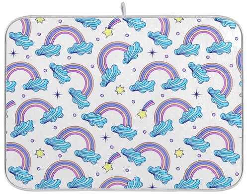 Abtropfmatte mit Wolken, Regenbögen und Sternen auf weißem Hintergrund, Weihnachtsgeschirr, hitzebeständig, Küchenmatte, XL-Trockenmatte für Geschirr, 45,7 x 61 cm