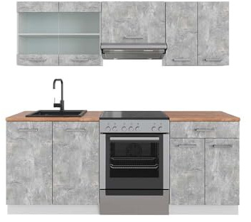 Vicco Küchenzeile R-Line, Beton/Weiß, 200 cm | 5 Module · Höhenverstellbare Füße · AP Eiche inkl. · Robuste Fronten · Mit Glasschrank · Frei kombinierbar