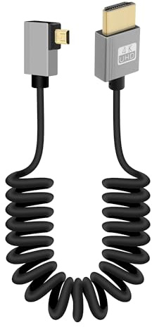 GELRHONR Cable Micro HDTV a HDTV en Espiral, 90 Grados, 18Gbps, Compatible con 4K@60Hz y 3D, para Cámaras y Tarjetas de Captura (Left Angle)