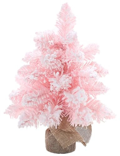 alblinsy Tisch-Mini-Weihnachtsbaum, 35,1 cm, künstlicher rosa Weihnachtsbaum, Miniatur-Kiefer mit Schnee, schöner Weihnachtsbaum mit Leinensockel, Weihnachtsdekoration, Zuhause, Küche, Esstisch