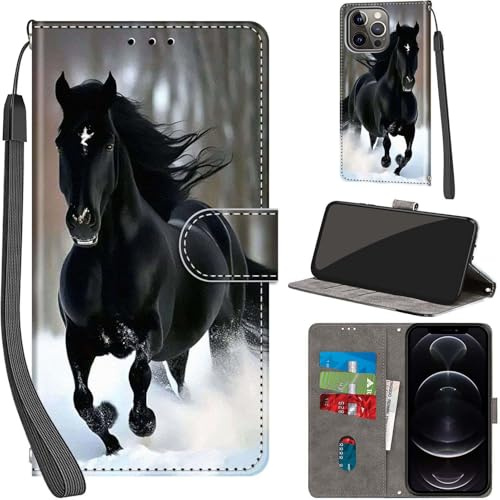 PHINIENLAND Wallet Flip Case for iPhone 13 Pro Leather Black Horse | 3 Card Slots & 1 Cash Pocket, Magnetic Closure, Kickstand, Premium PU Leather flip cover for iPhone 13 Pro