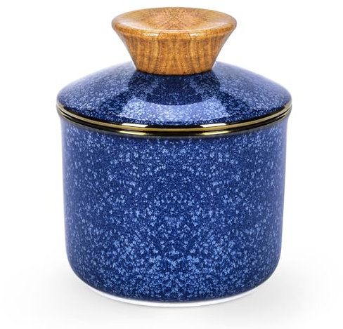 DOWAN Burriera francese con coperchio, campana in ceramica con linea di galleggiamento, per burro fresco, morbido e spalmabile – glassa reattiva blu – 9,7 x 9,7 x 10,9 cm