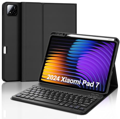 SENGBIRCH Funda con Teclado para Xiaomi Pad 7/7 Pro 11.2, Teclado Inalámbrico Desmontable Español Ñ para Xiaomi Pad 7/7 Pro 11.2 Pulgadas 2024, Negro