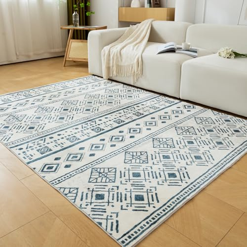 Loartee Geometric Moroccan Area Rug - 3x5 Machine Washable Mat, Stain Resistant, Low Pile Softer Texture Modern Carpet, White