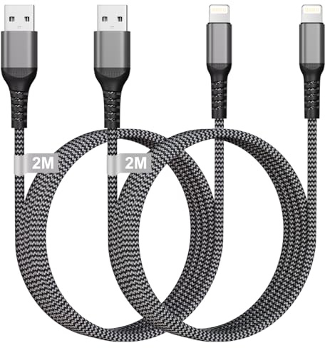 Cable iPhone 2M Lot de 2 [Certifiés MFi], Cable USB vers Lightning Nylon Câble Phone Charge Rapide Câble Chargeur Phone Fil Chargeur USB Cordon Lightning pour iPhone 14/13/12/11/X/8/7, iPad, AirPods