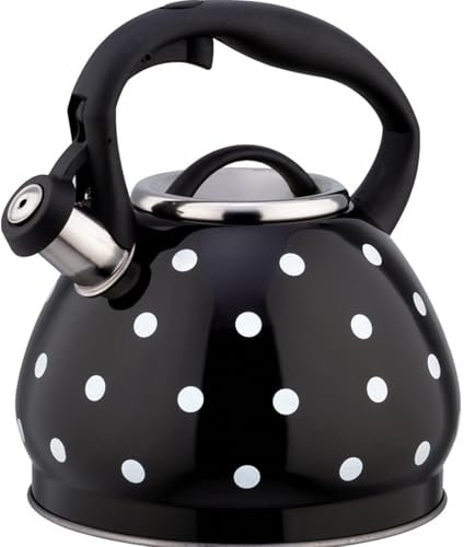 Jolie bouilloire sifflante à pois noirs et blancs – Théière en acier inoxydable de 3,2 l pour toutes les cuisinières (noir)