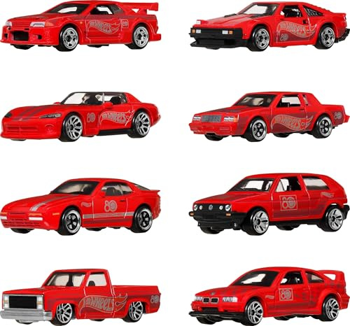 Hot Wheels Spielzeugautos & -LKWs 8er-Pack, Set mit 8 Die-Cast 1:64 Maßstab Retro-Fahrzeugen mit speziellem Mattel 80. Jubiläums-Dekor & Verpackung