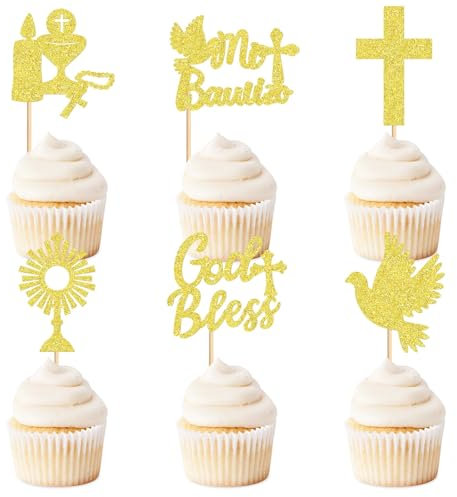 TAXTYHRE Baptême Décoration de Gâteau, 24 Pièces Cake Toppers Communion, Forme Croix Pigeon Or Gâteau Topper, pour Baby Shower Communion Confirmation Mariage Anniversaire Fête
