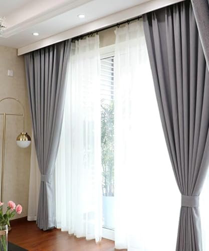 Wycian Gardine Querbehang Oben Leinen Vorhang Grau Verdunkelung 2er Pack Unifarbe H274 x B137 cm (2er Pack) Leinen