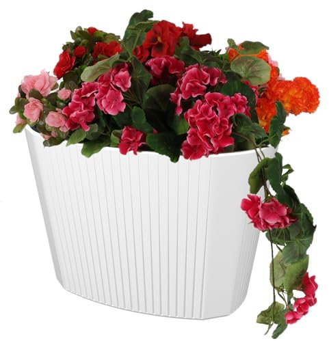 botle Pot de fleurs avec grand insert - Couleur : blanc - Ovale - 59,5 x 39 cm - Hauteur : 41 cm - Surface rainurée - Plastique mat - Moderne - Glamour - Pour terrasse, jardin, balcon