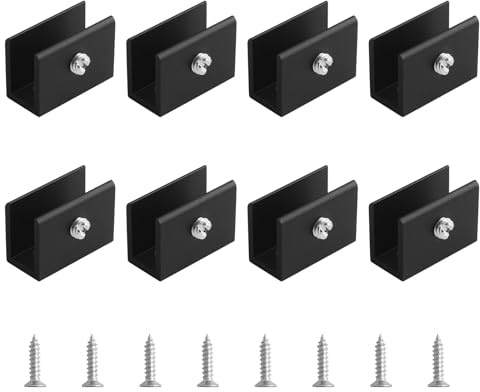 UFURMATE Morsetto per vetro, 8 pezzi, regolabili, rettangolari, staffe per mensole in vetro, in lega di alluminio, clip per montaggio a parete, supporto per vetro spesso 6-8 mm