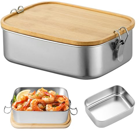 LEKEFETO Brotdose Edelstahl 1500ML: Brotdose Erwachsene/Kinder Lunch Box mit Holzdeckel Auslaufsicher Lunchbox Bento, BPA-frei, Bento Box Frühstücksbox für Schule, Ausflüge, Picknick, Arbeit (C)