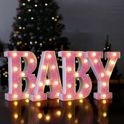 LED Letter Lights Pink Glitter Marquee Letters Light Up Alphabet Letters Sign Battery Operated or Birthday Baby Shower Decor(BABY)