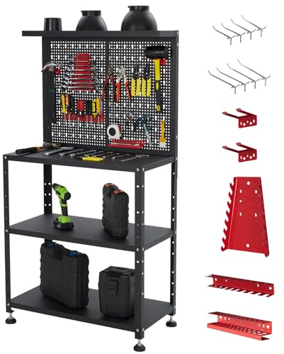 Banco da lavoro per garage resistente con pannello forato, 81,3 cm, regolabile, con organizer per attrezzi, tavolo da lavoro industriale in metallo con ripiani, porta attrezzi e piedini di