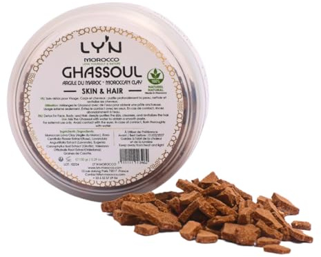 LY'N MOROCCO - Argile Purifiante aux Plantes - Ghassoul marocain - Masque Visage & Corps - Purifie - Peaux Mixtes A Grasses -Cheveux, Hammam; 100% Naturel - 150gr