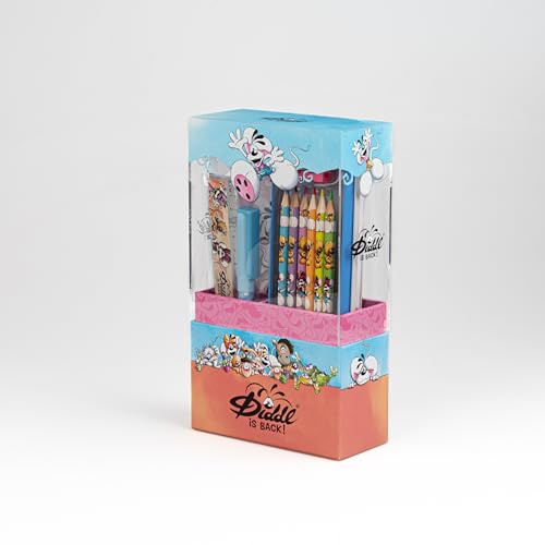 Diddl - Set Écriture A6 1 Cahier + 1 Stylo + 1 gomme + 1 Règle + 6 Crayons de Couleur + 1 Taille Crayon + 1 Plumier - Set Papeterie - Idée Cadeau Enfant et Fan Nostalgique des Années 90