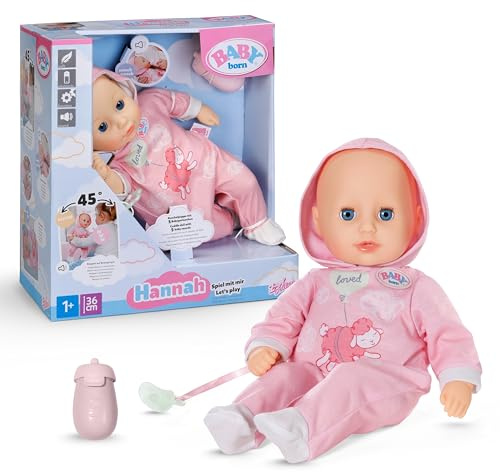 BABY Born Hannah Spiel mit Mir - Babypuppe mit 5 Funktionen - Weicher Stoffkörper inkl. Accessoires - 36cm große Puppe - Funktioniert mit Batterien - Geeignet für Kinder ab 1 Jahr