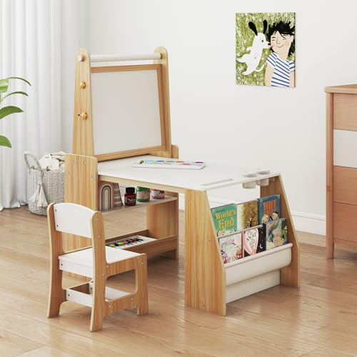 DREAMADE Ensemble Table et Chaise pour Enfants, Chevalet Enfant avec Tableau Blanc & Noir, Rouleau de Papier, Rangement, Table à Dessin en Bois pour Dessiner, Étudier (Naturel)