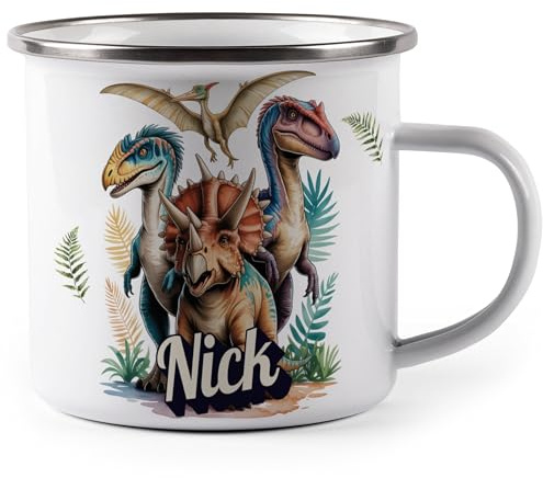 miKalino Emaille Tasse Dino Crew personalisiert mit Namen Kinder Becher mit Motiv – Emaille Becher für Jungen & Mädchen – Camping Tasse leicht & robust Geschenkidee Kindertasse (7301)-300ml / Weiss