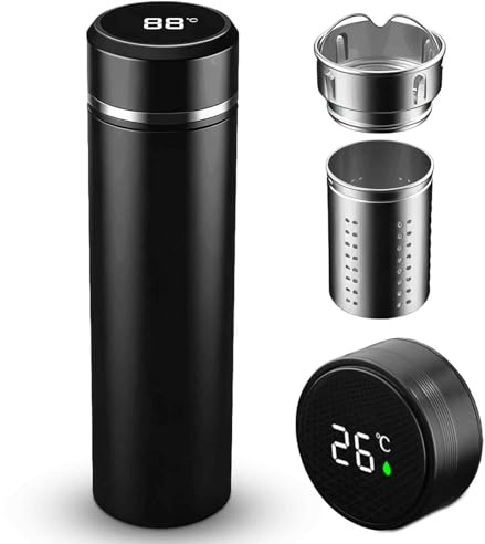 Thermosflasche 500 ml Edelstahl, Trinkflasche Vakuum Isolierbecher mit LED Temperaturanzeige, Auslaufsicher Thermoskanne Wasserflasche für Büro, Outdoor, Unterwegs
